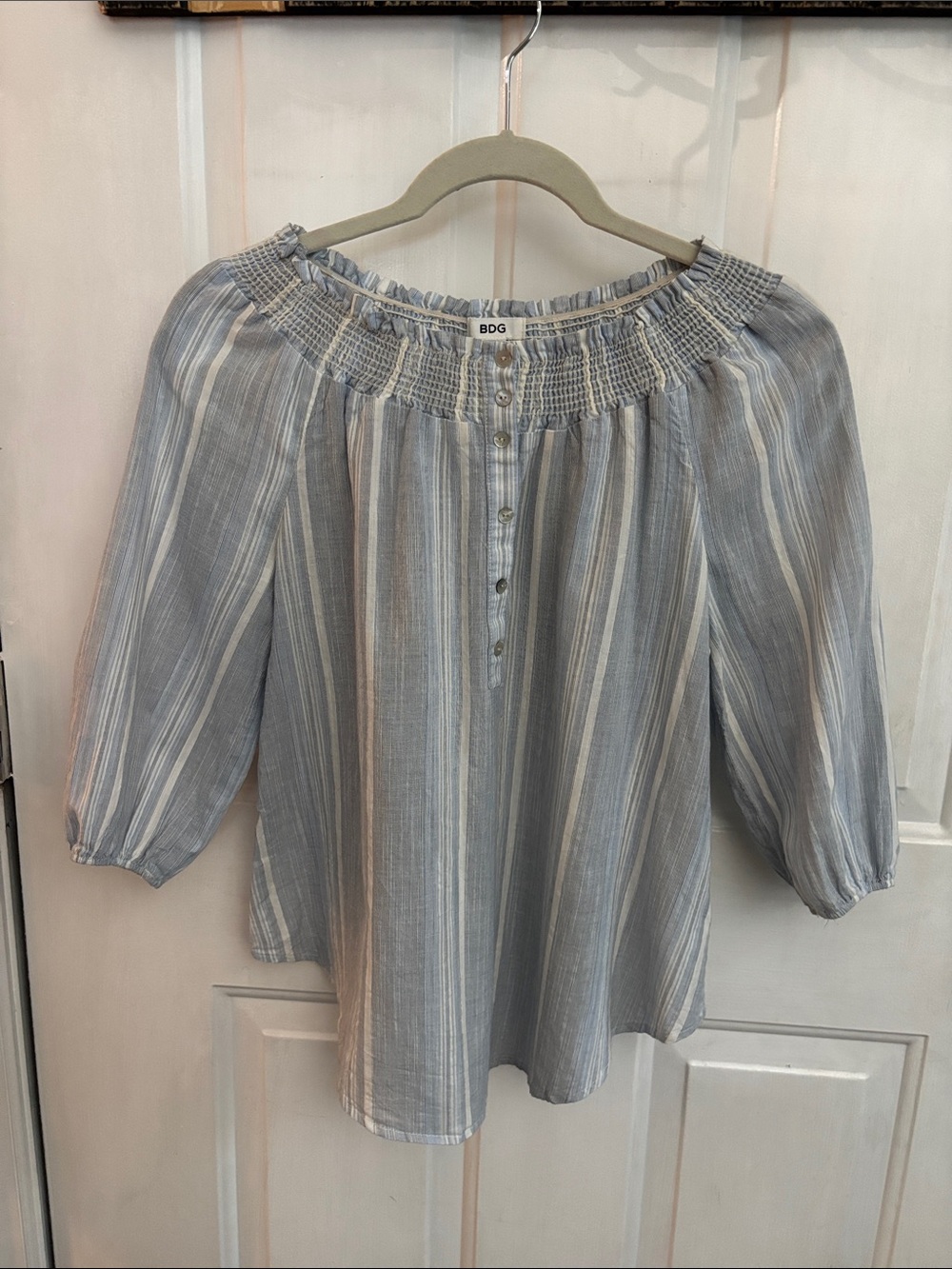 BDG Blue and White Striped Off-Shoulder Peasant Blouse